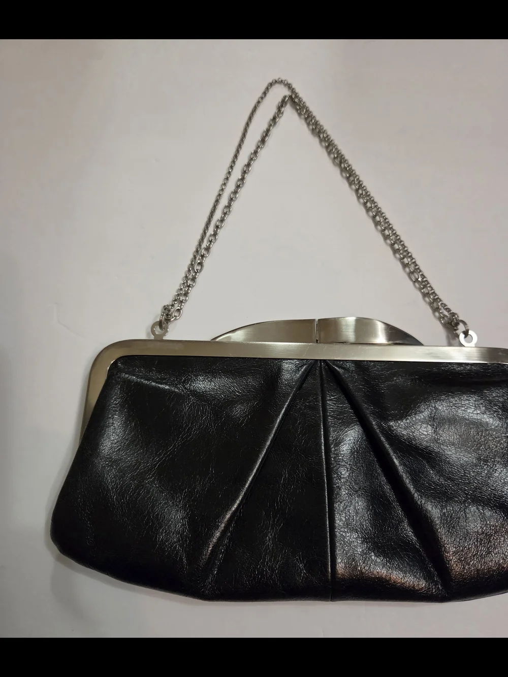 HOBO Black Leather Frame Clutch with Silver-Tone Chain